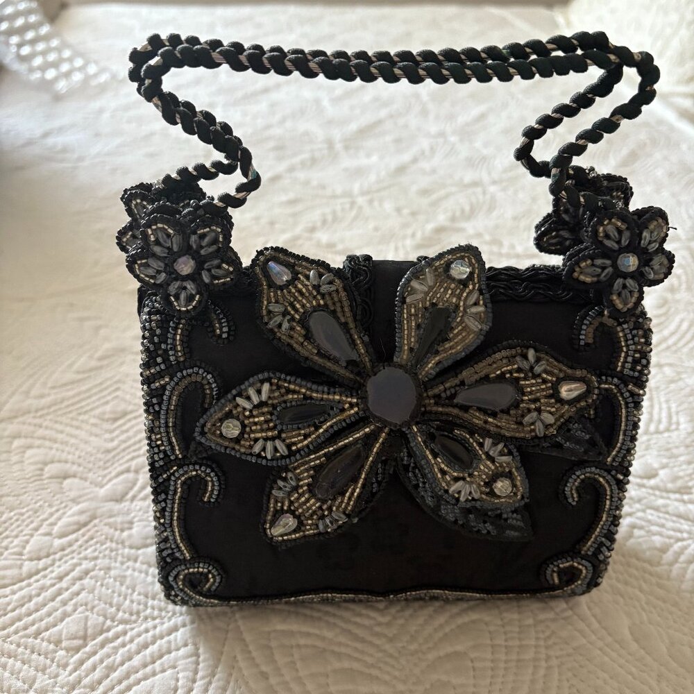 MARY FRANCIS Black Brocade with beaded flower and trim NWOT